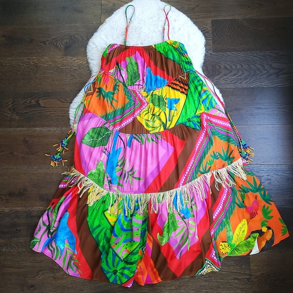 Farm Rio Anthropologie Palila Fringe Beaded Tassel Tiered Midi Dress - Picture 3 of 14